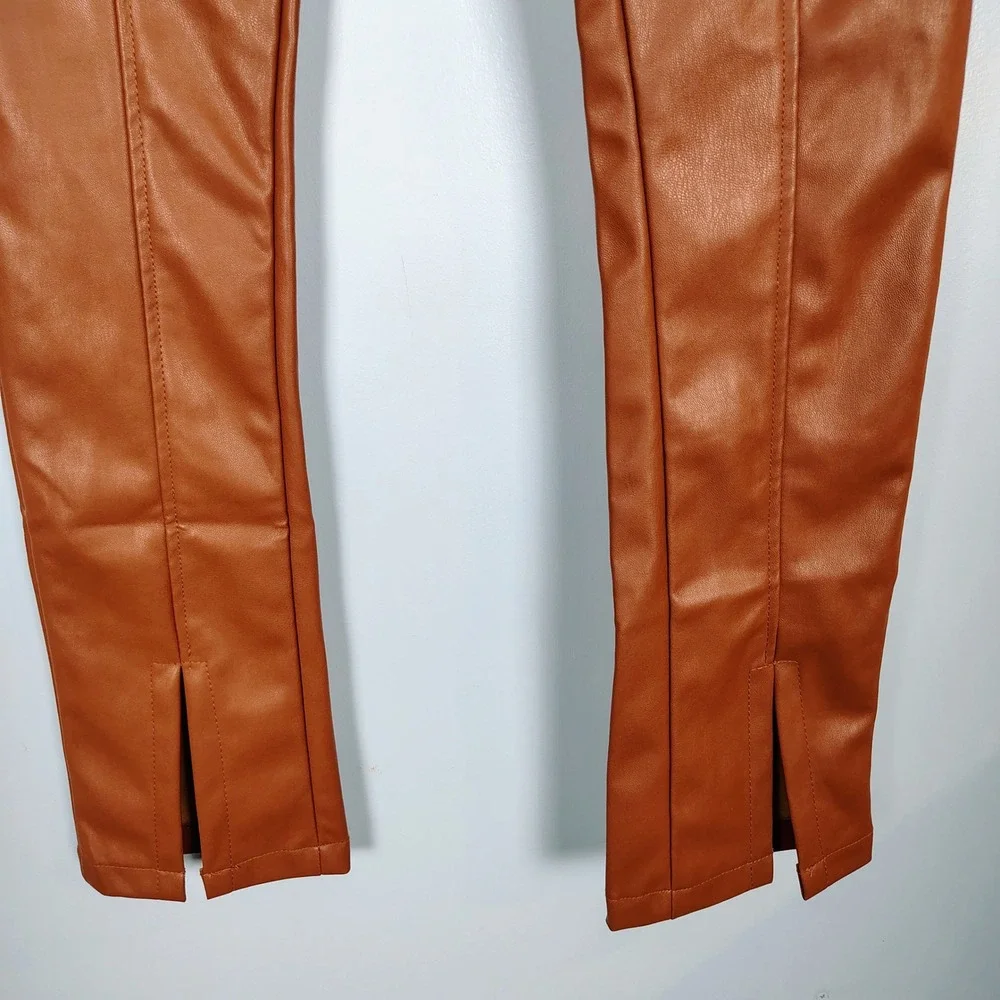 Mud Pie Faux Leather‎ Split Hem Leggings Cognac Brown High Waisted Small NWT
